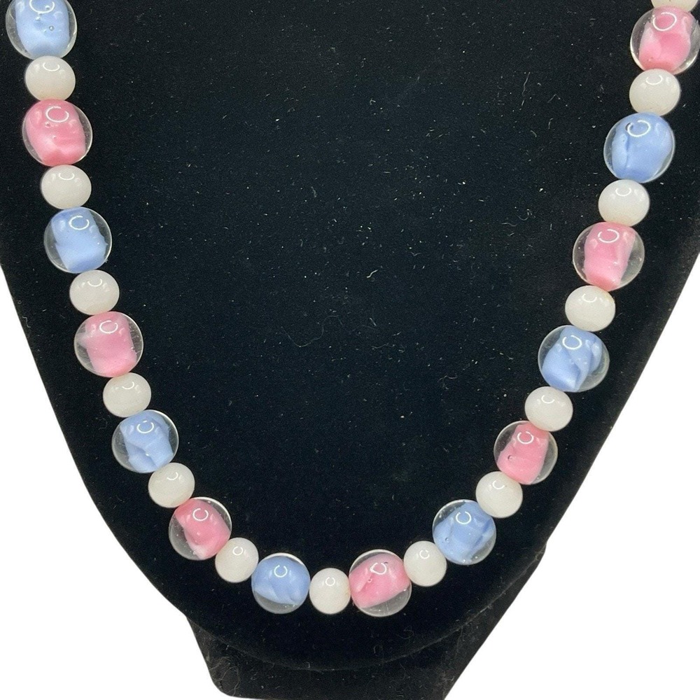 Vintage Art Glass Necklace 22" Pastel Pink Blue White Beads Barrel Clasp